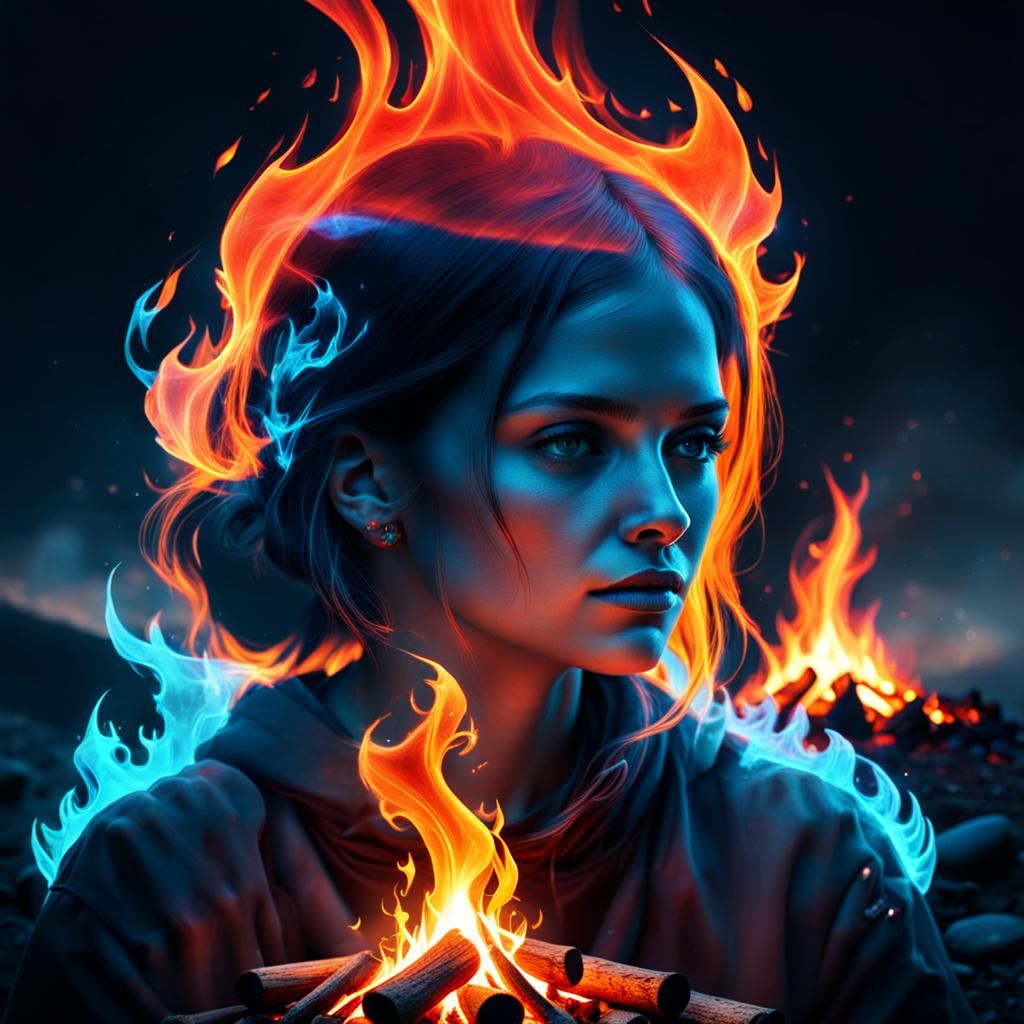 Bioluminescent Girl Made of Fire in Double Exposure