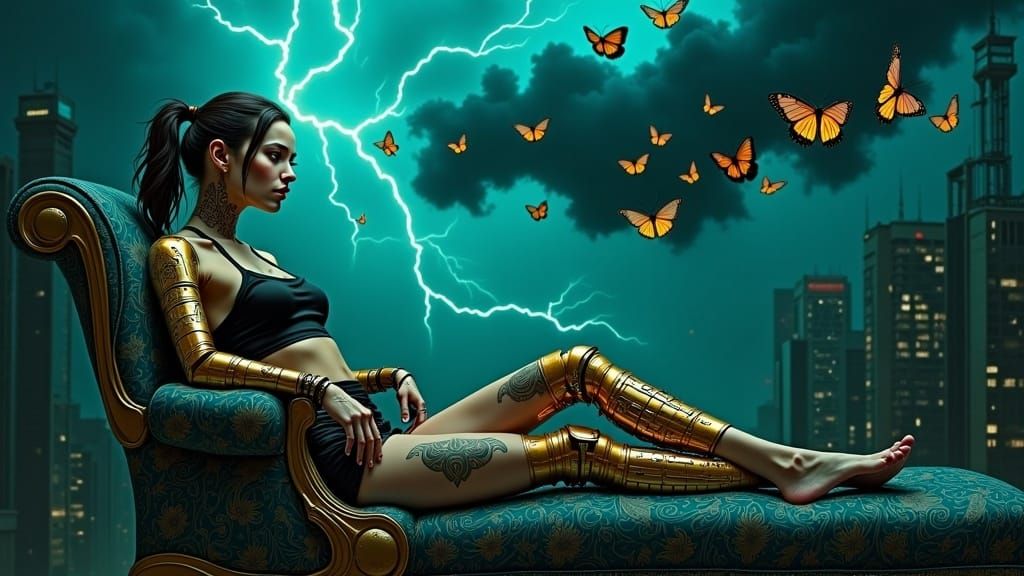 Cyberpunk Woman in Dreamlike Indigo and Olive Paisley Atmosp...