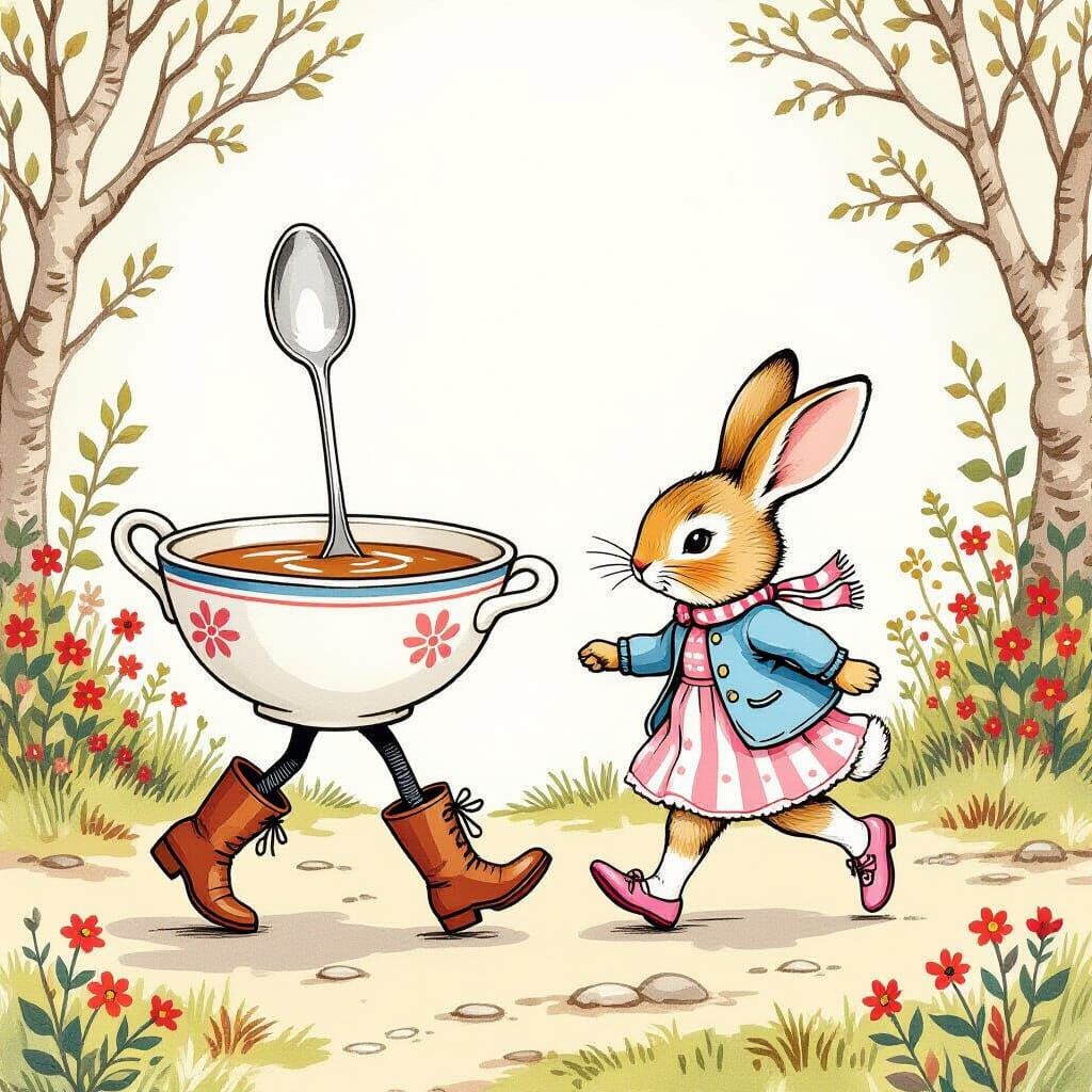 Whimsical Dish and Spoon Adventure Illustration