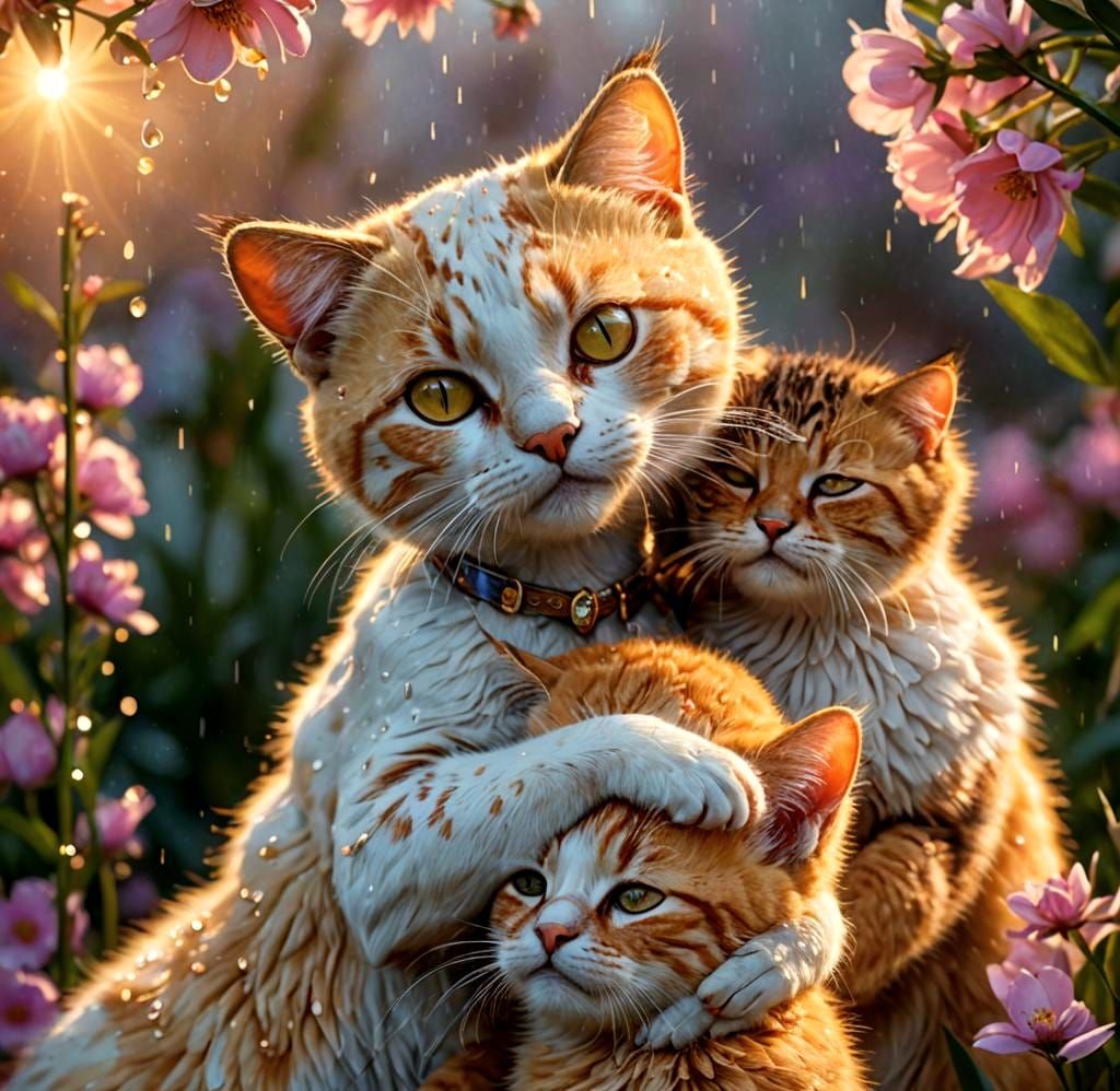 Mother Cat Comforting Kitten: Digital Art Portrait