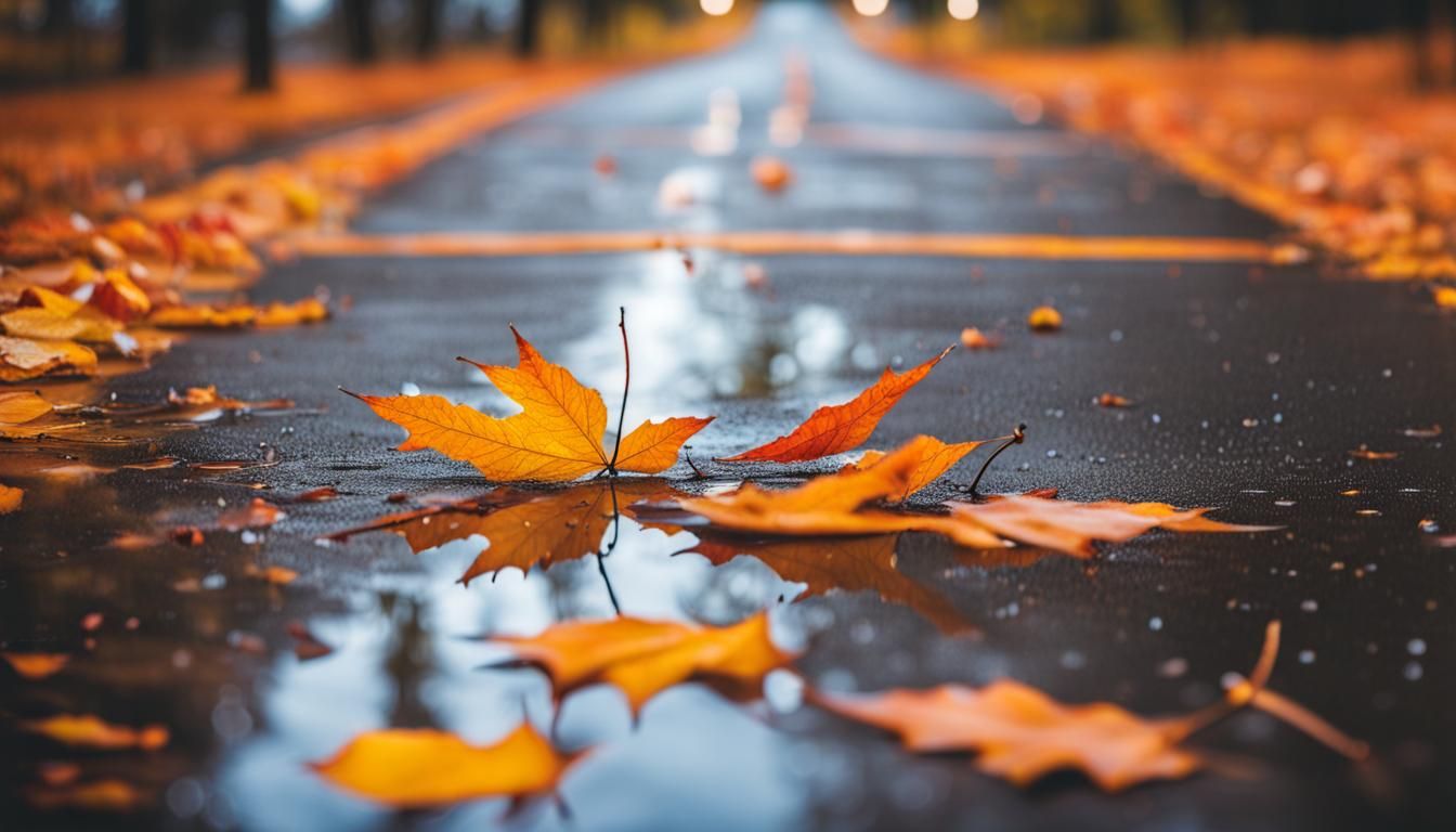Autumn Leaves on Wet Road After Rain