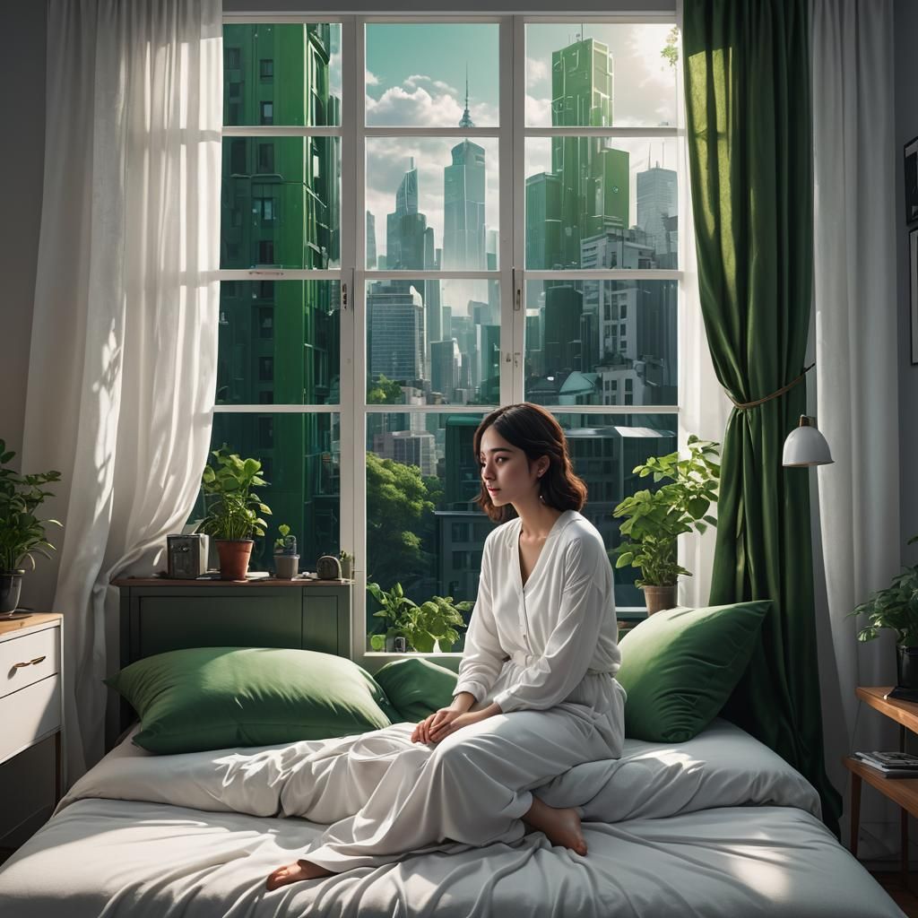 Sad Girl in Bright Room Overlooking Modern City