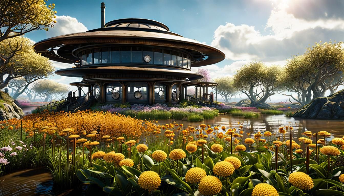 Steampunk Estuary Pavilion in Post-Apocalyptic Wasteland