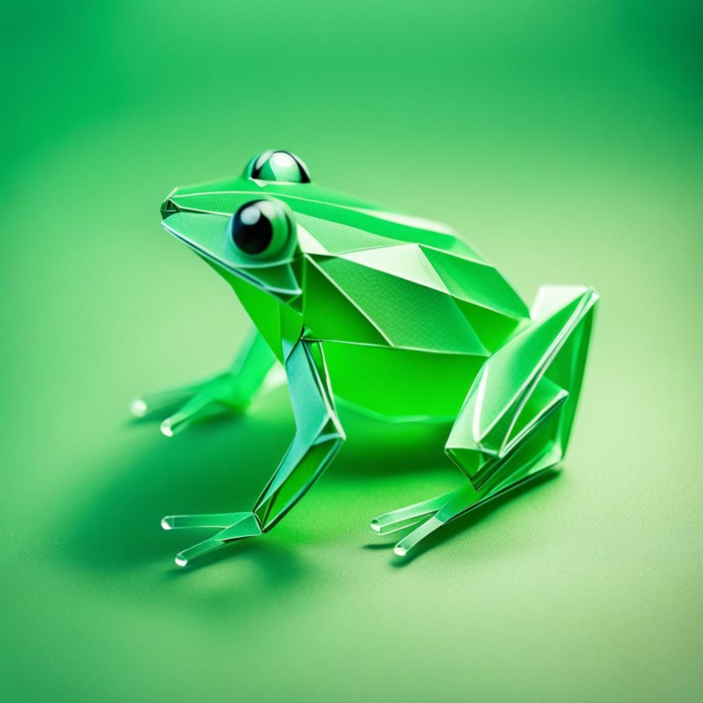 Green Glass Origami Frog in Papercraft Style