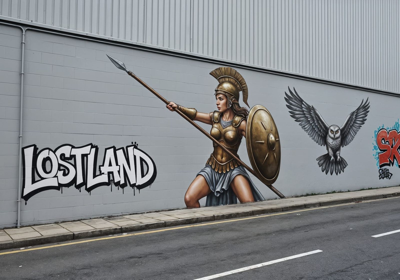 Athena Mural in Airbrush Style on Industrial Street