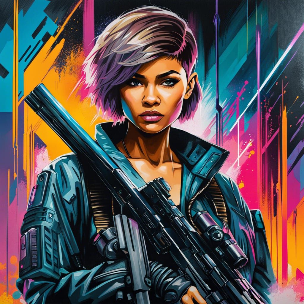 Zendaya as Cyberpunk Soldier in Graffiti Art