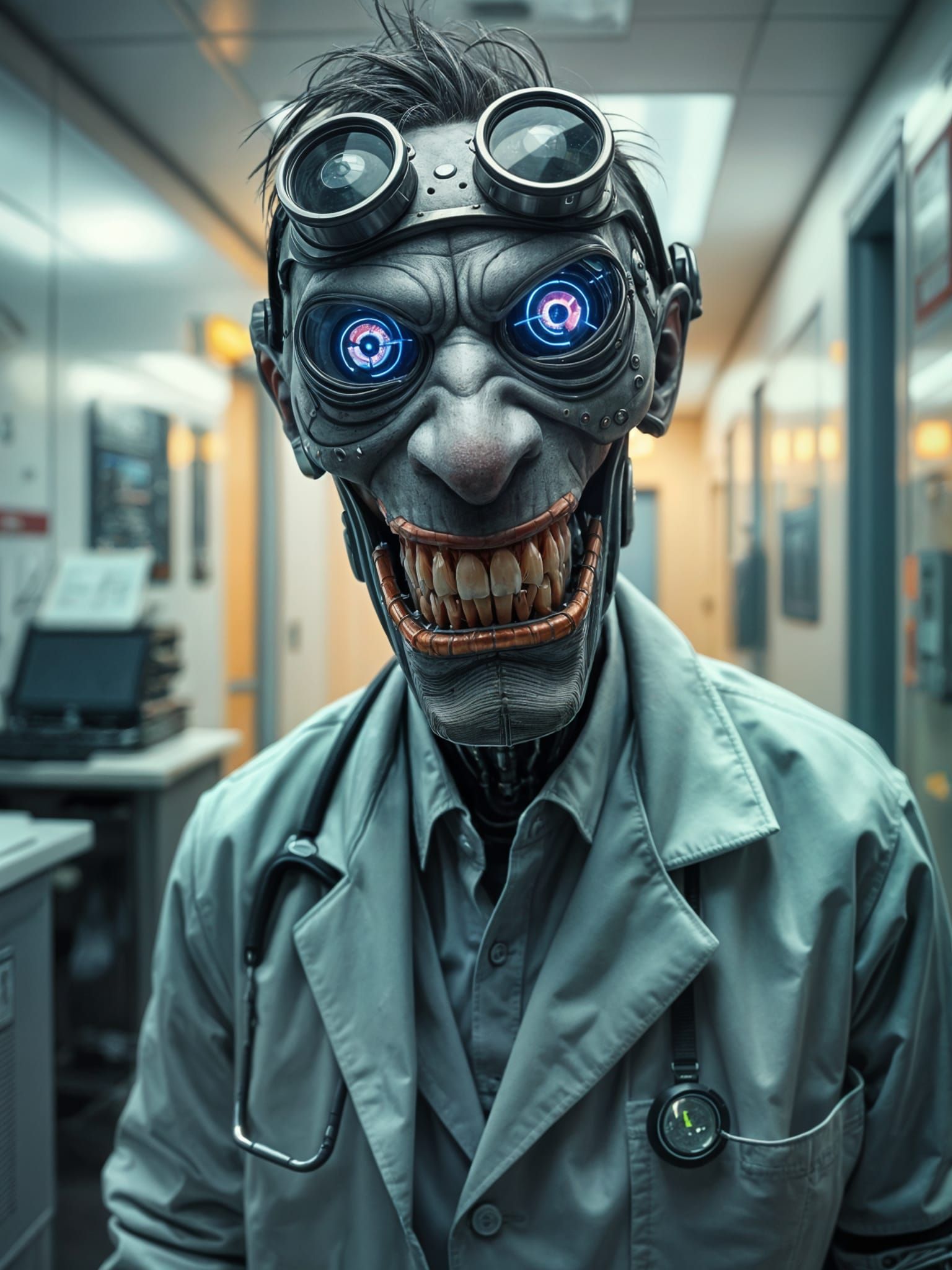 Creepy Cyberpunk Cyborg Doctor in Dystopian Office