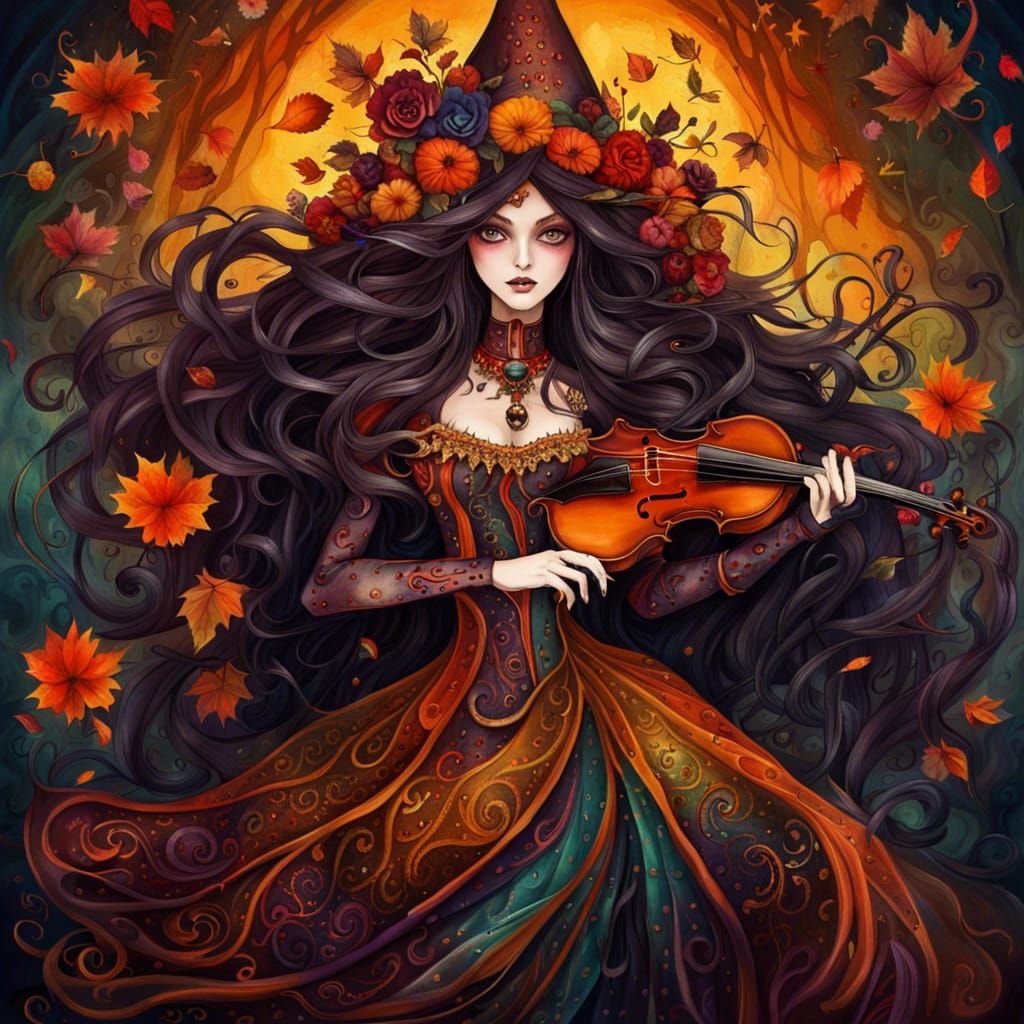 Faerie Queen's Autumnal Violin Serenade in Gothic Style
