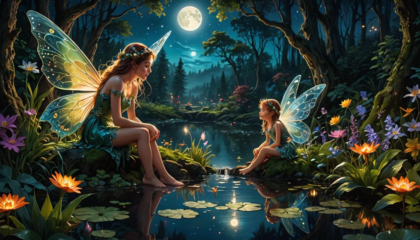 Enchanted Fairies at Forest Pond in Moonlight