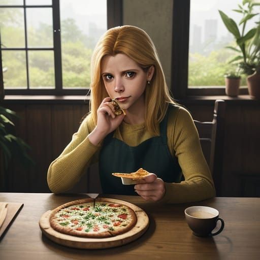 Buffy Summers Savoring Cozy Pizza Moment in Whimsical Studio...