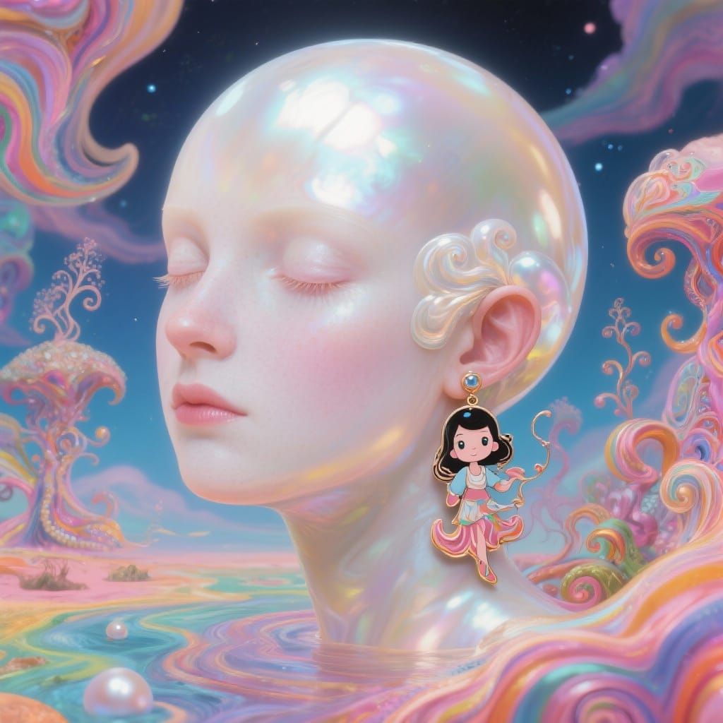Surreal Pearl with Woman Earring, Dreamlike Art