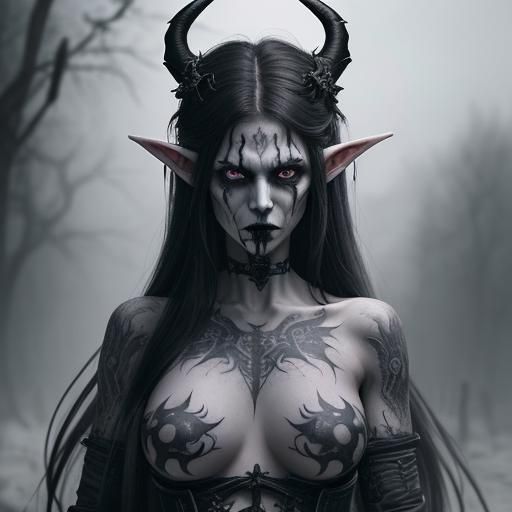 Gothic Banshee Warrior with Skull Tattoos and Horns