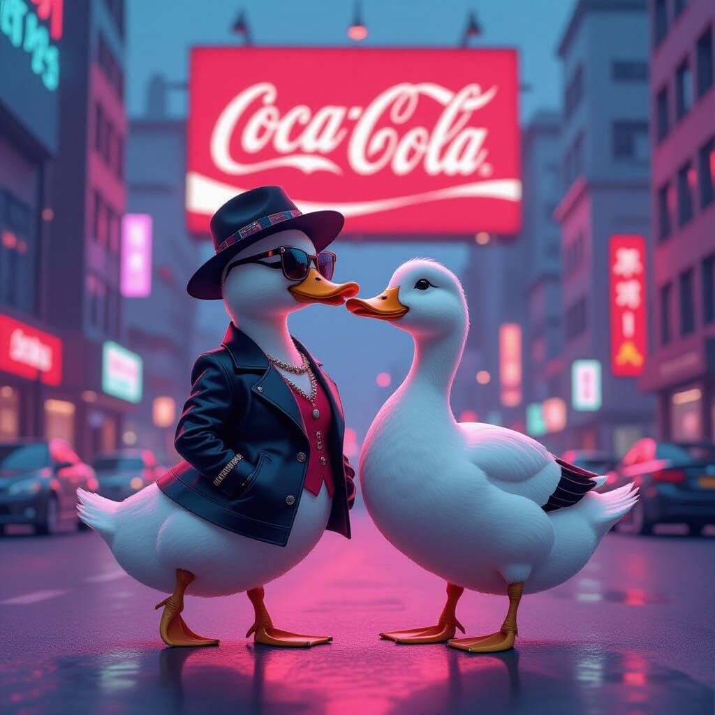 Ducks Kissing in a Neon Cityscape