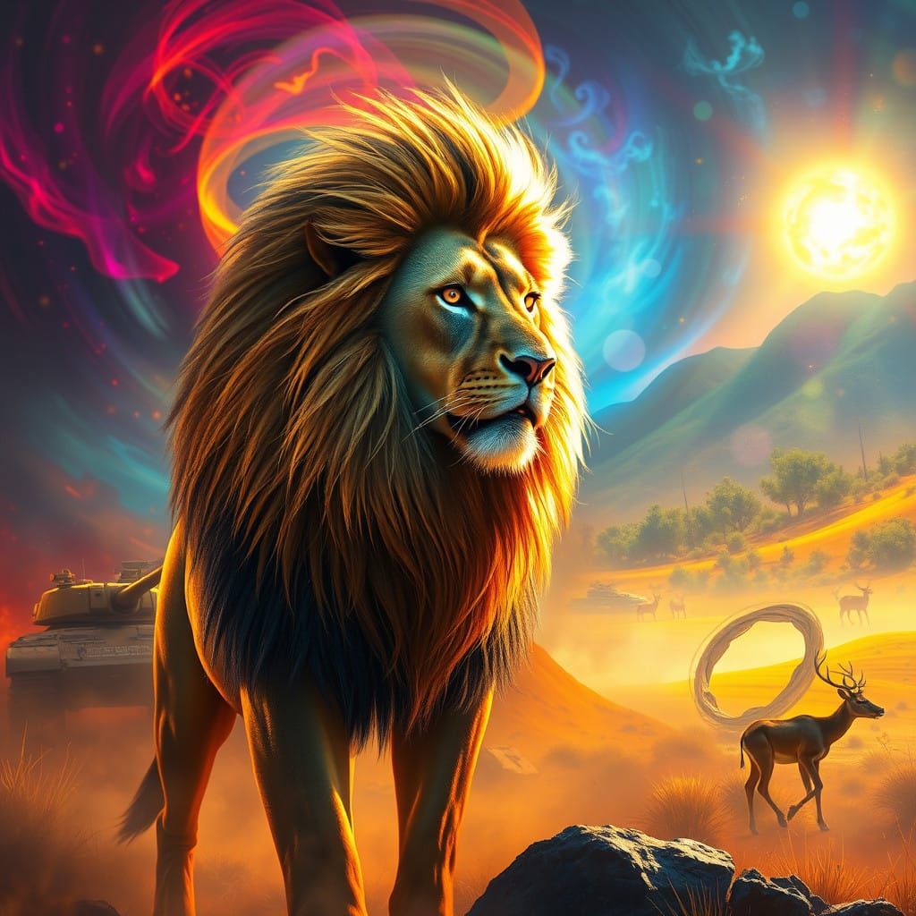 Majestic Lion Illuminated by Futuristic Lights