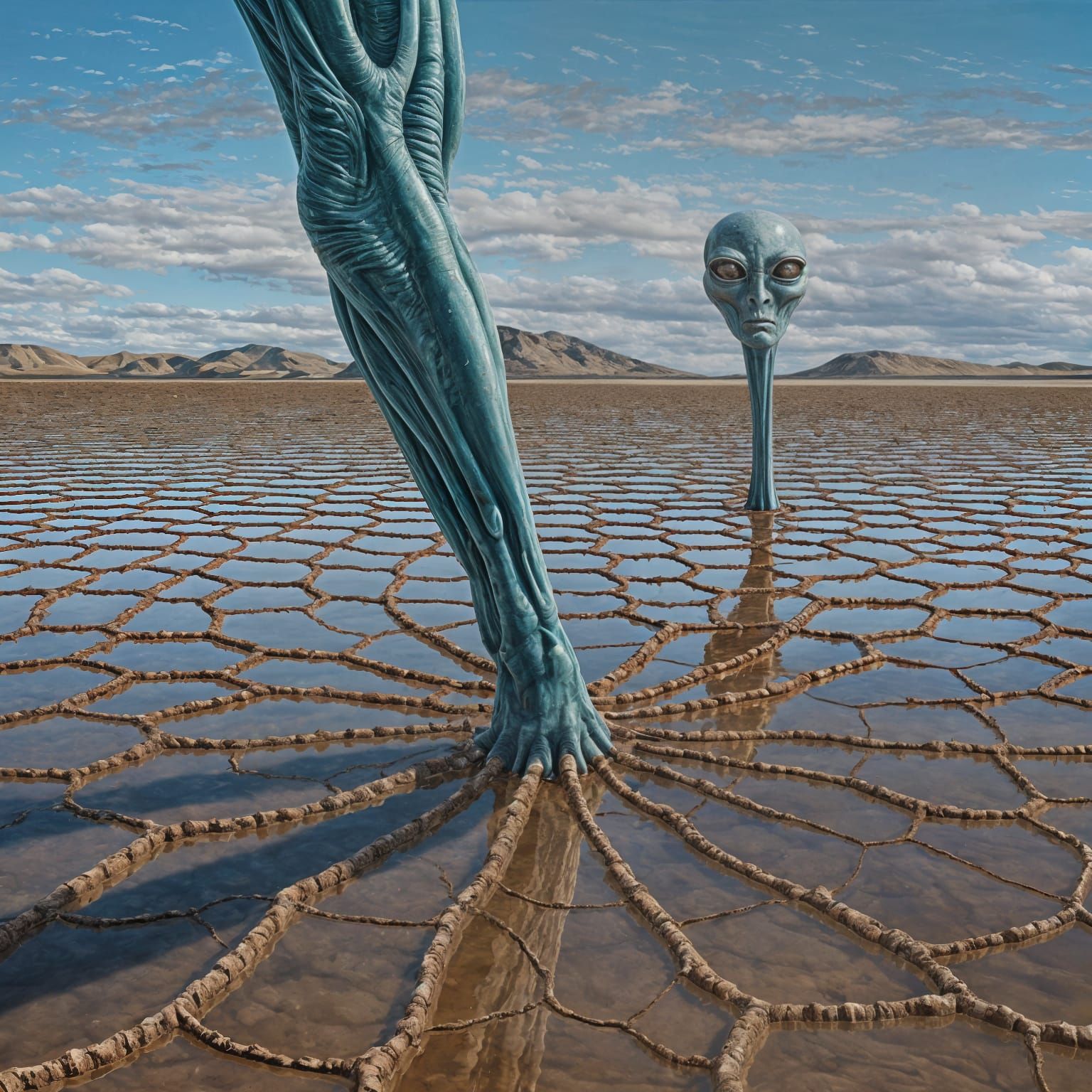 Alien Emerges from Surrealist Mud Flat Landscape