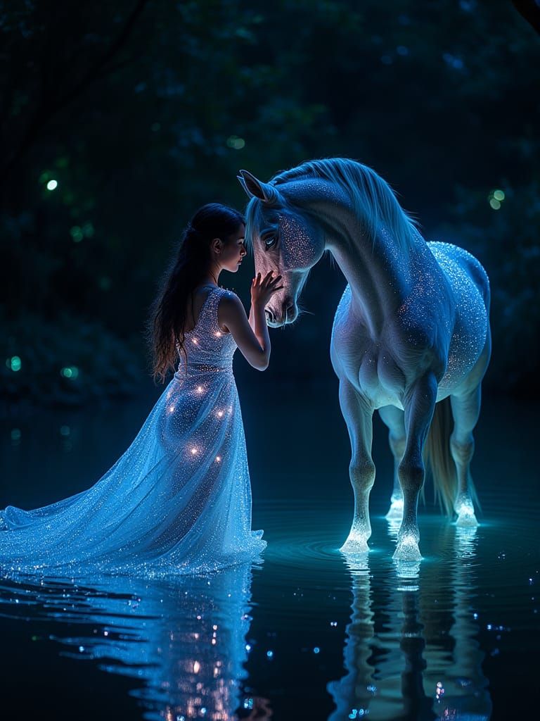 Mystical Goddess Kneels with Majestic Steed in Shimmering Bi...