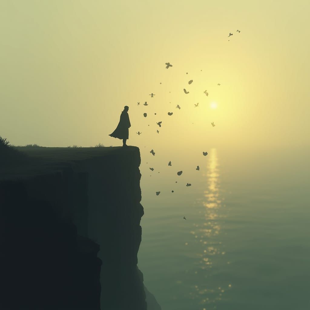 Figure on Cliff at Dawn, Throwing Objects in Dark Digital Pa...