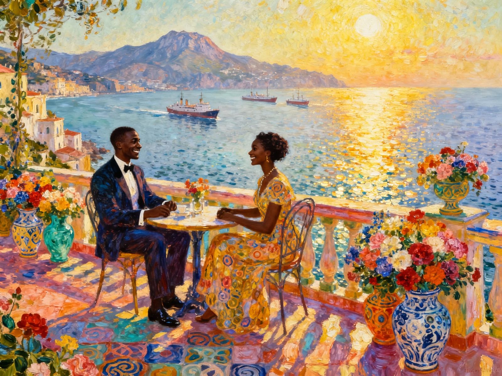 Elegant Couple Enjoys Outdoor Cafe Overlooking Mediterranean...