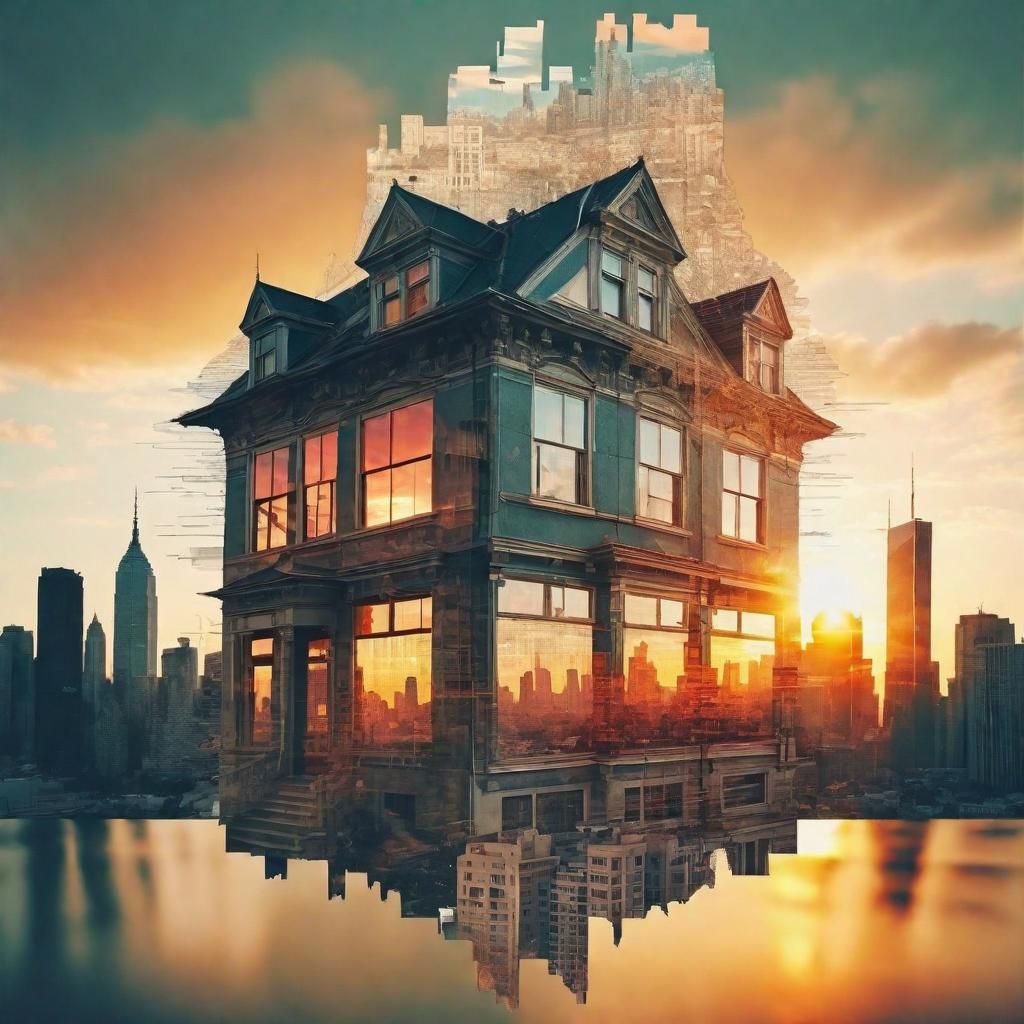 House Cityscape Sunset in Double Exposure Style