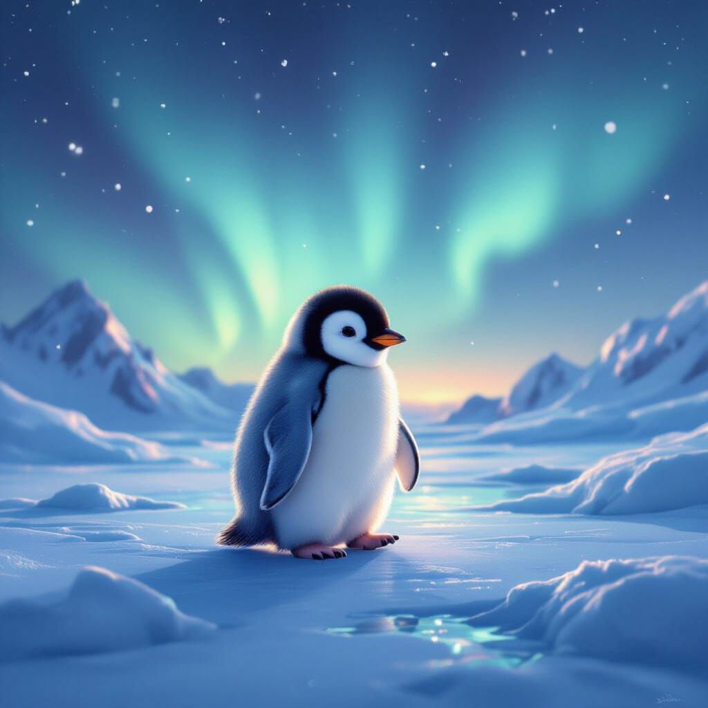 Adorable Baby Penguin Under Pastel Aurora