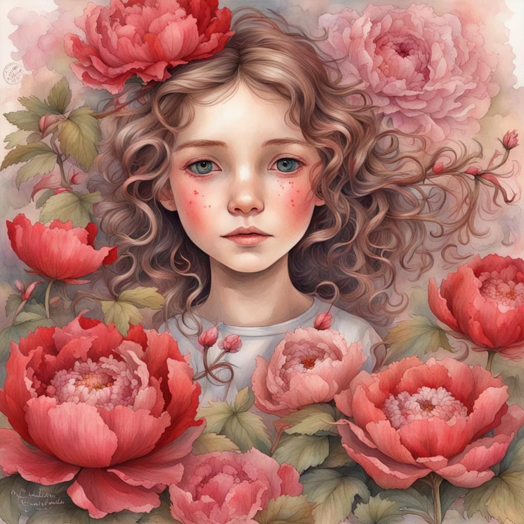 Smiling Girl with Peonies: Watercolor Fairy-Tale