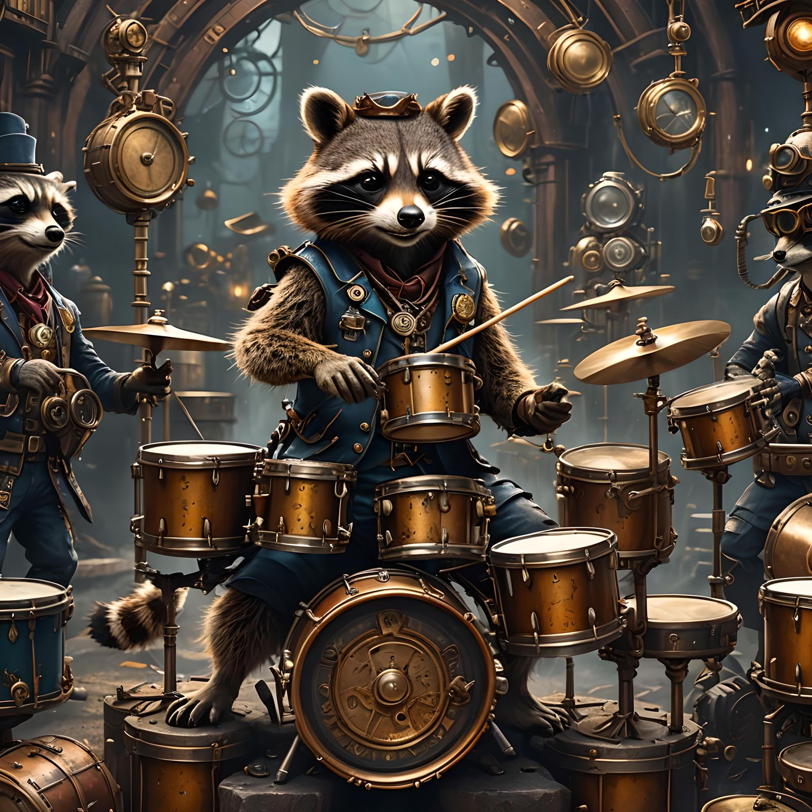 Steampunk Raccoon Drummer in Detailed Fantasy Art