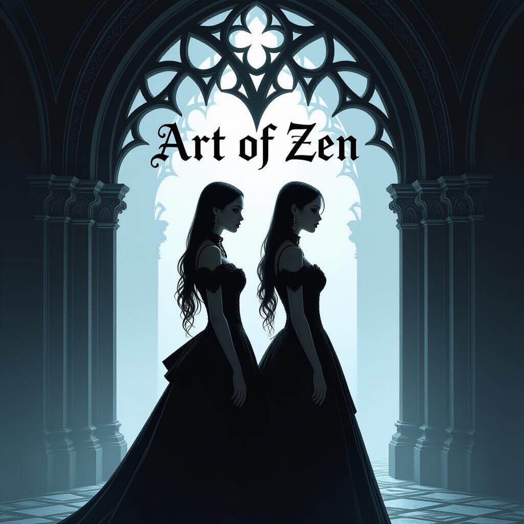 Gothic Sisters Back to Back in Shadowed Art of Zen