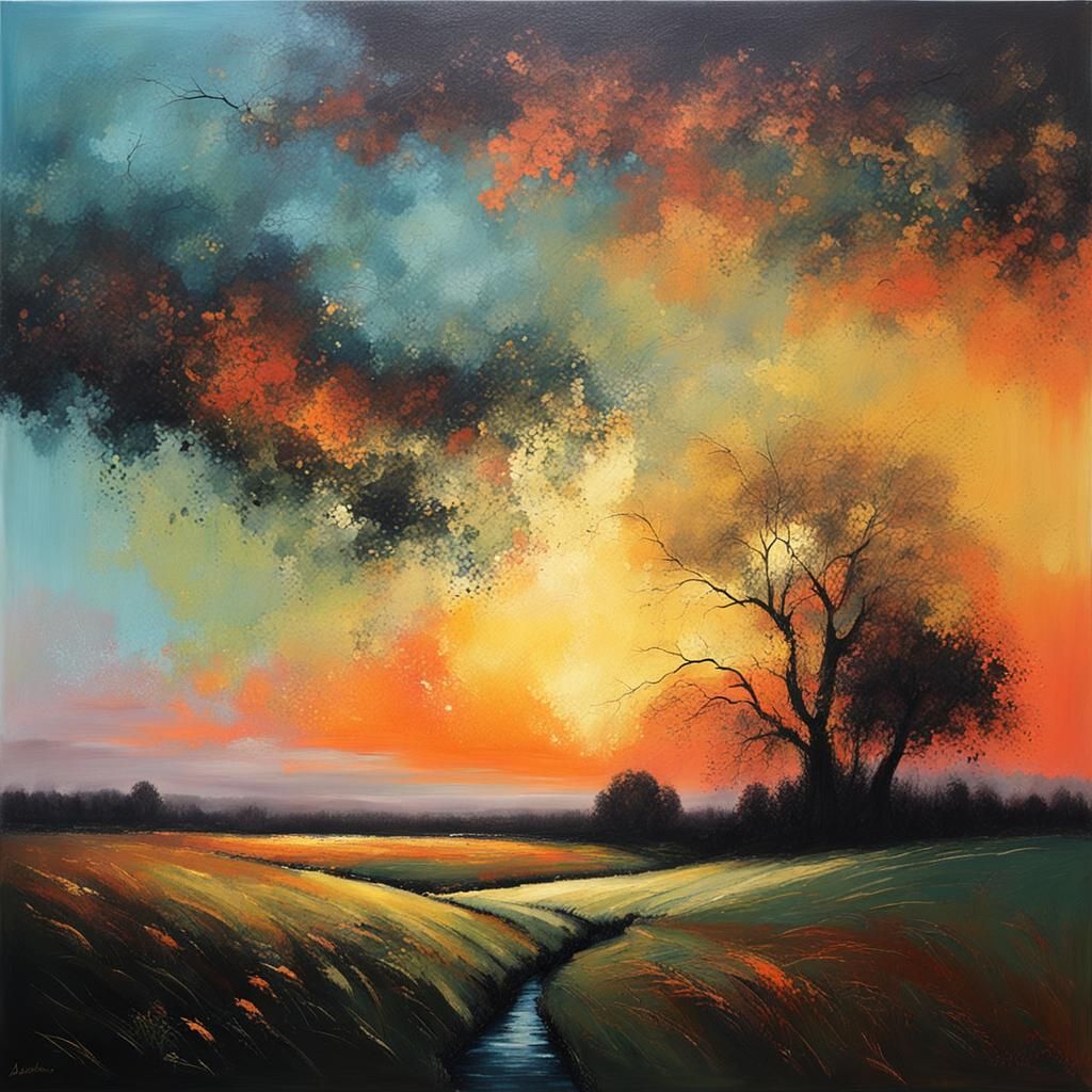 Atmospheric Sunset Landscape in Abstract Style