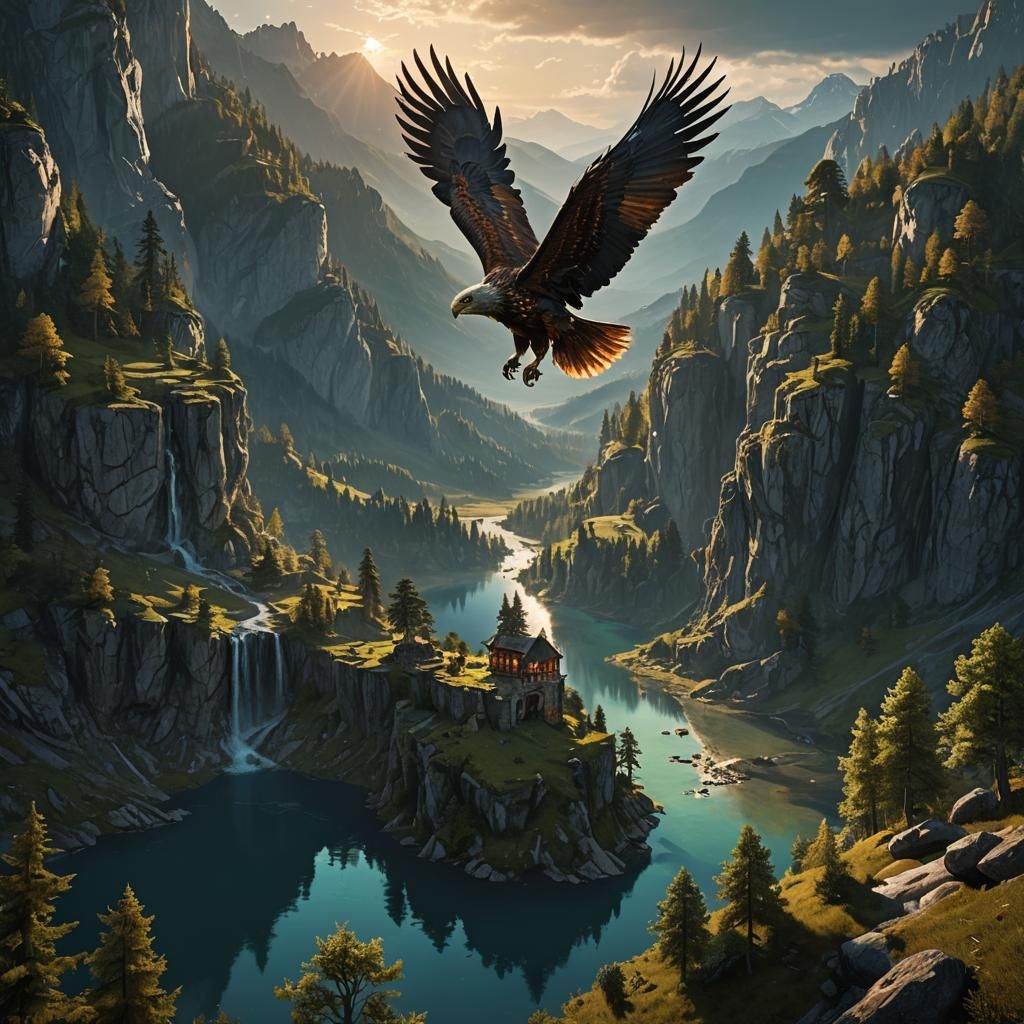 Eagle Soaring Over Alpine Lake: Dark Fantasy Art
