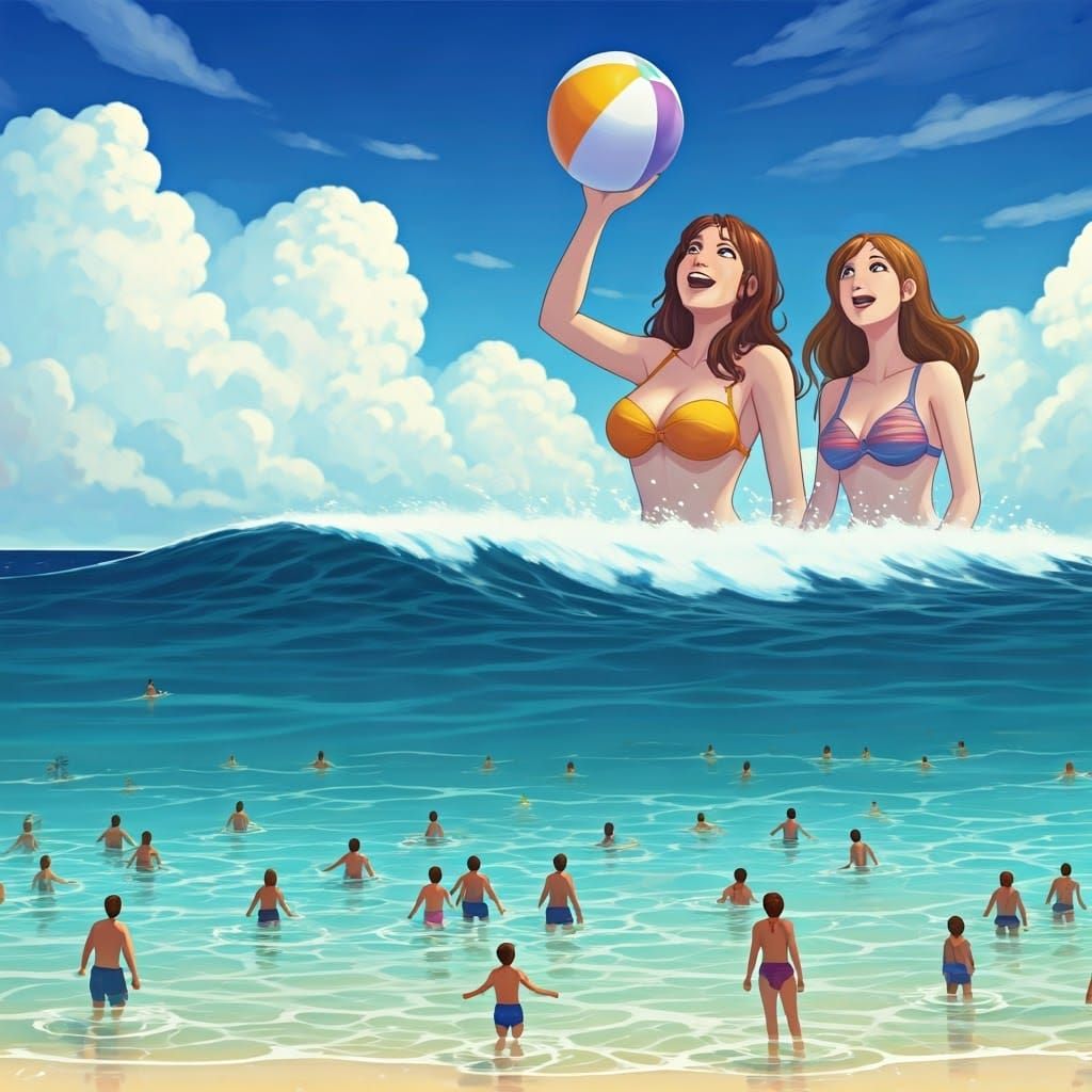 Giantesses Play Beach Ball in Colossal Waves