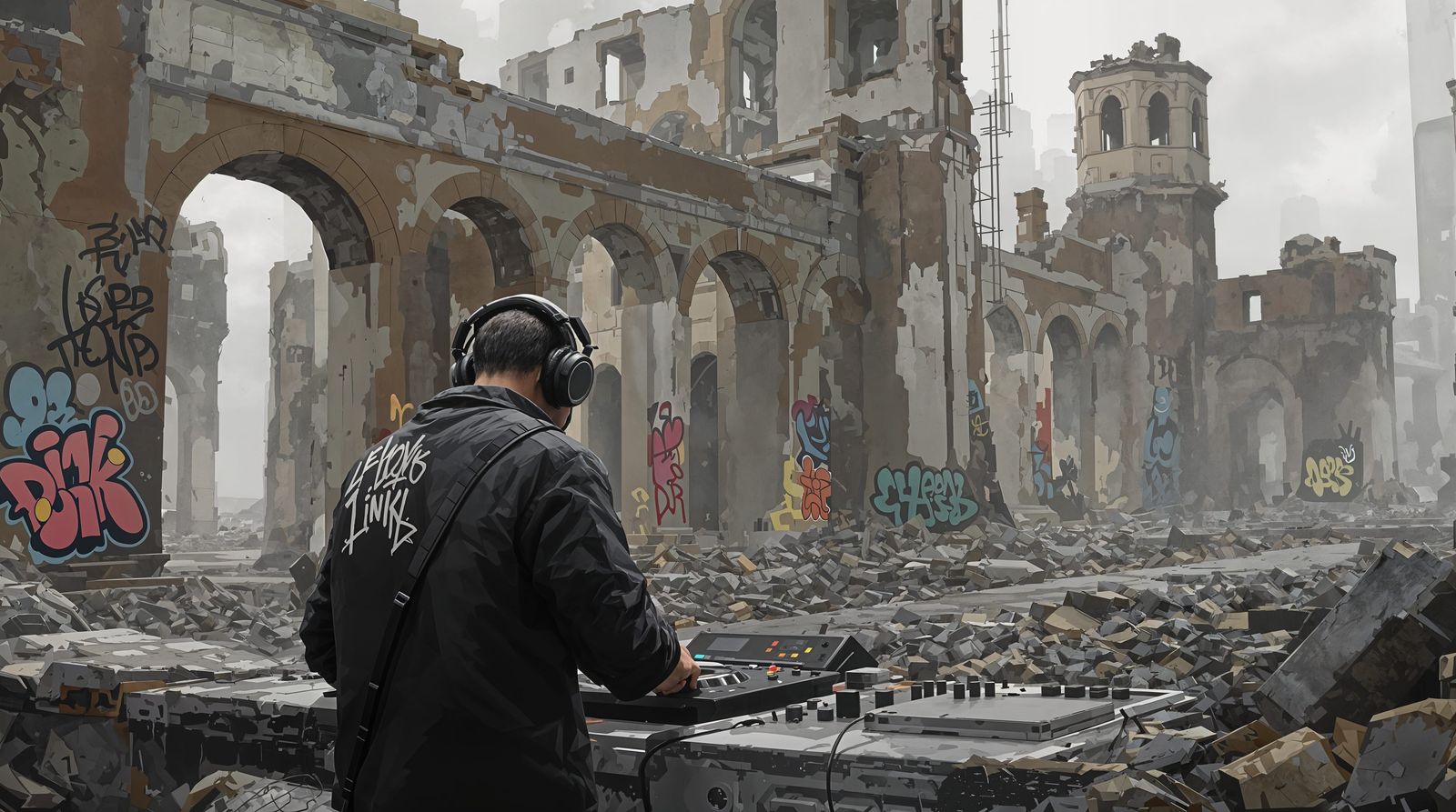 DJ Amidst Ancient Ruins in Cyberpunk Digital Art