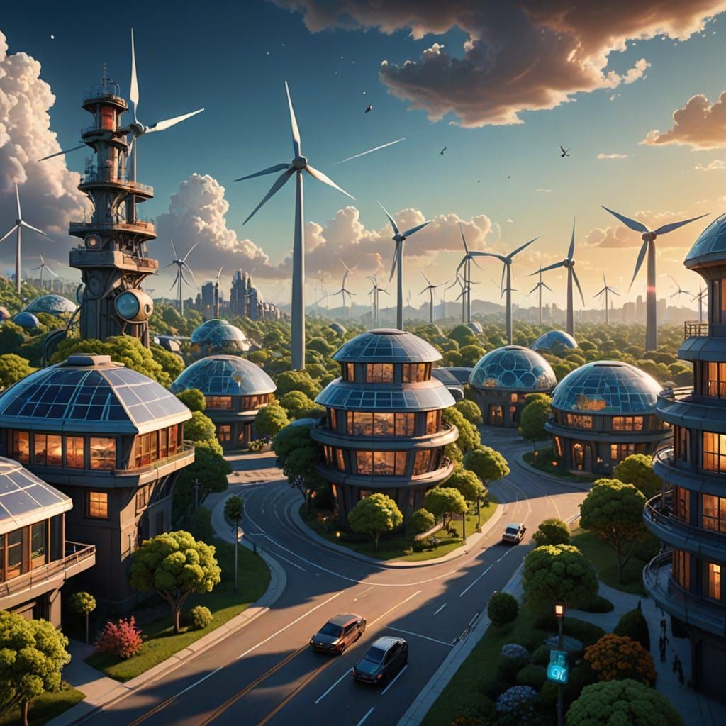 Futuristic Eco Cityscape with Wind Turbines and Solar Cells