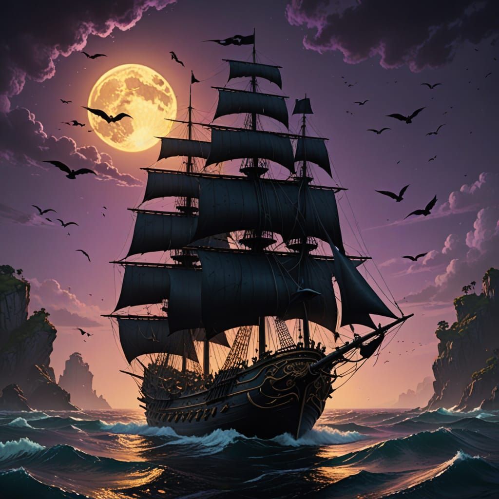 Dark Fantasy Pirate Ship Under Moonlit Skies