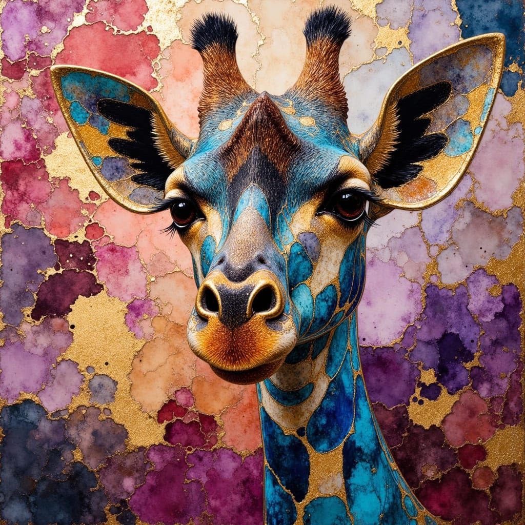 Vibrant Mixed Media Giraffe Portrait Oil Painting