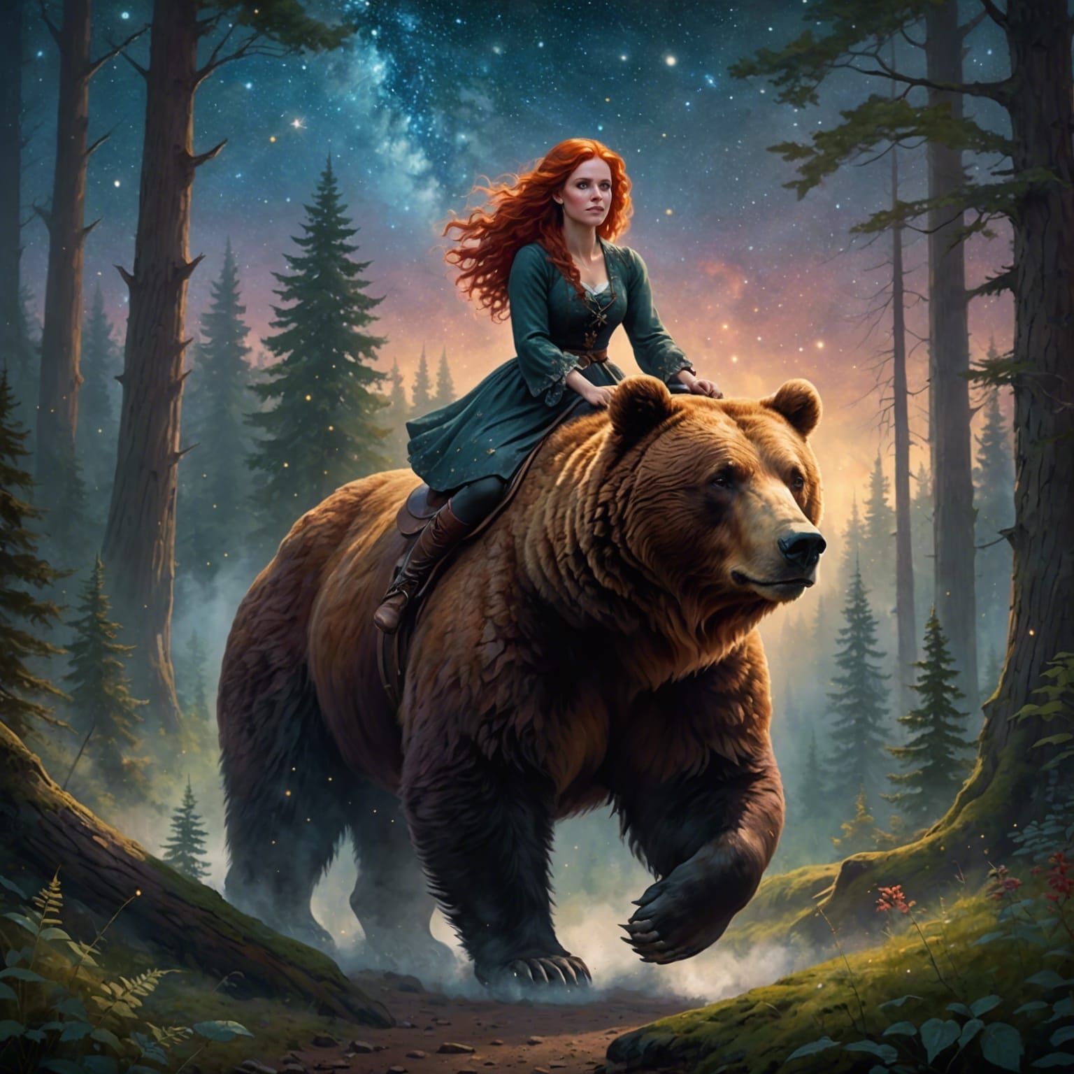Red-Haired Woman Rides Bear in Starry Forest