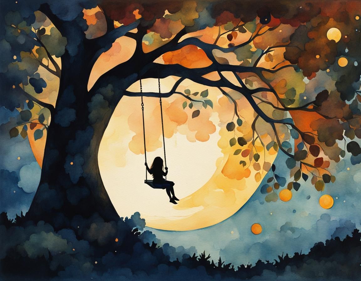 Geometric Impressionist Girl on Tree Swing at Night