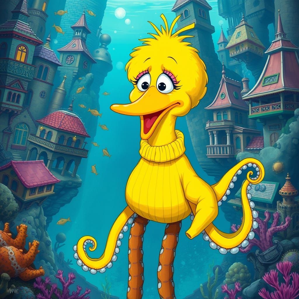 Big Bird Octopus in Underwater City, Miyazaki Style