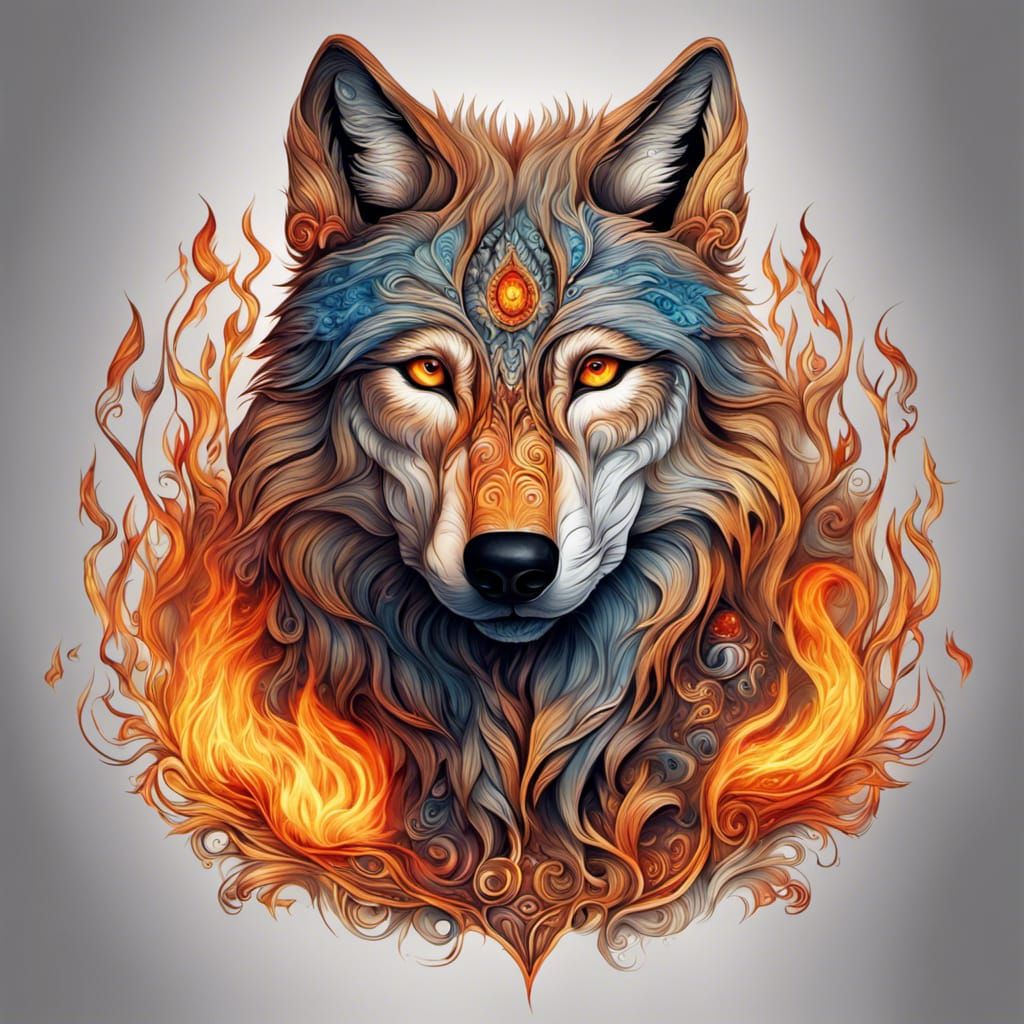 Fiery-Eyed Wolf in Intricate Color