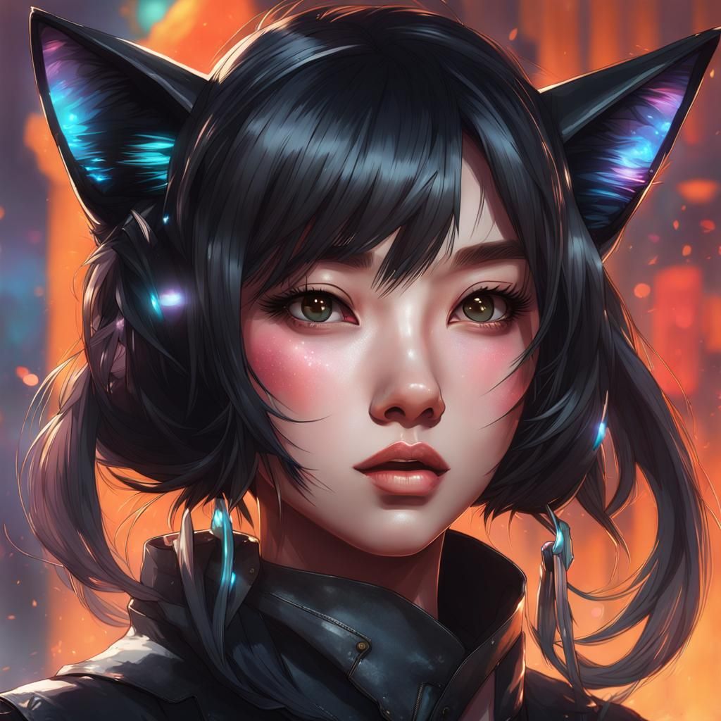 Asian Woman with Cat Ears, Hyperdetailed Portrait