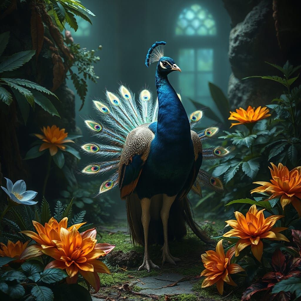 Peacock disguised as exotic flower in enchanted garden