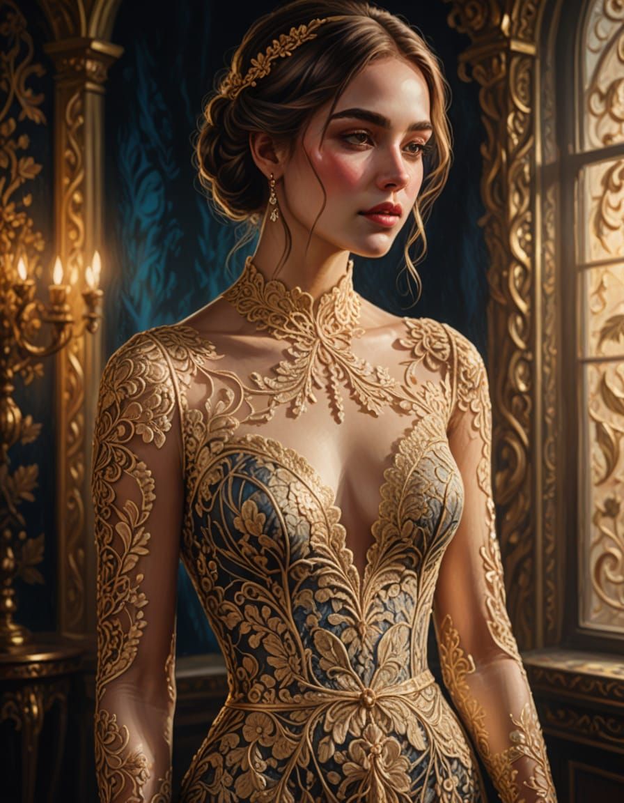 Lace Gown in Vibrant Oil Painting Style