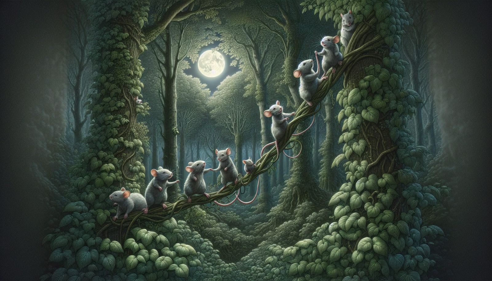 Mice Family Climbing Vine in Moonlit Forest