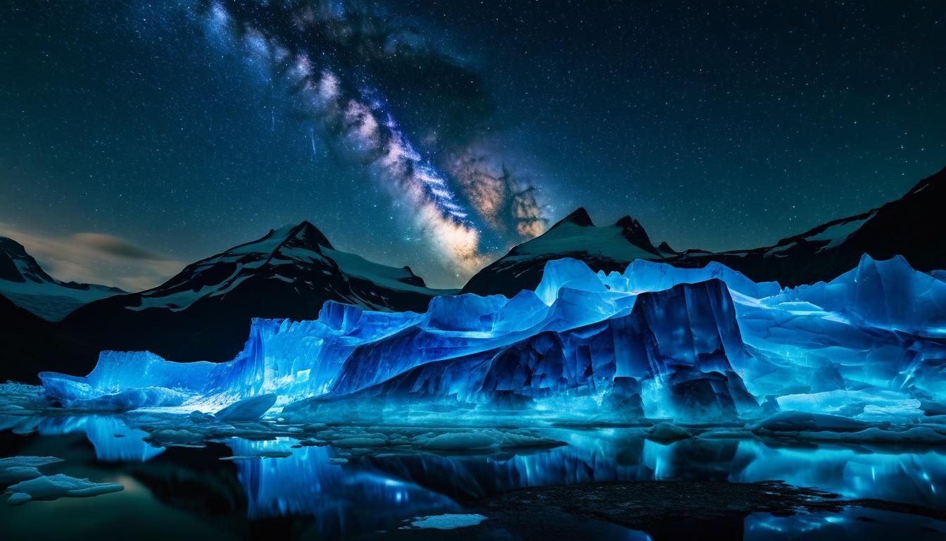 Bioluminescent Glacier Under Galaxy, Night Photography