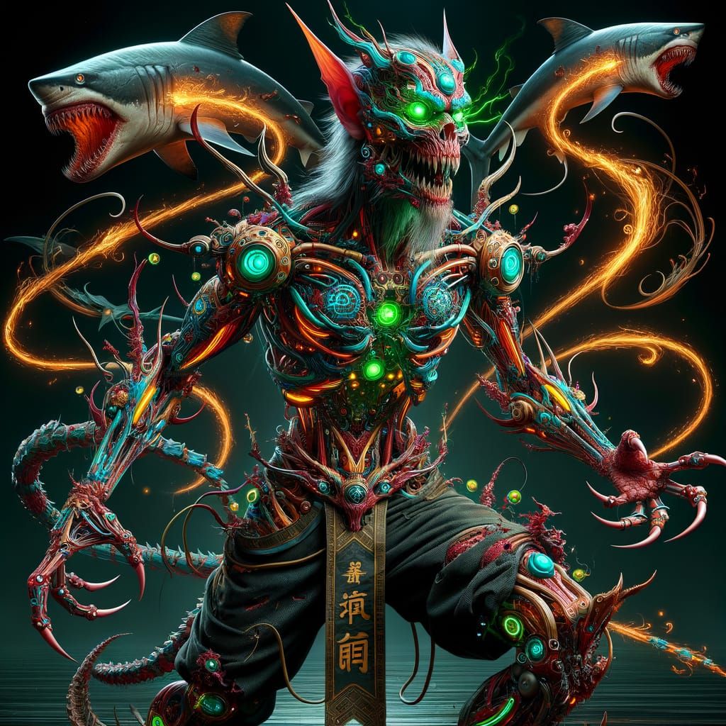 Cybernetic Warlord with Chinese Script and Fiery Spells