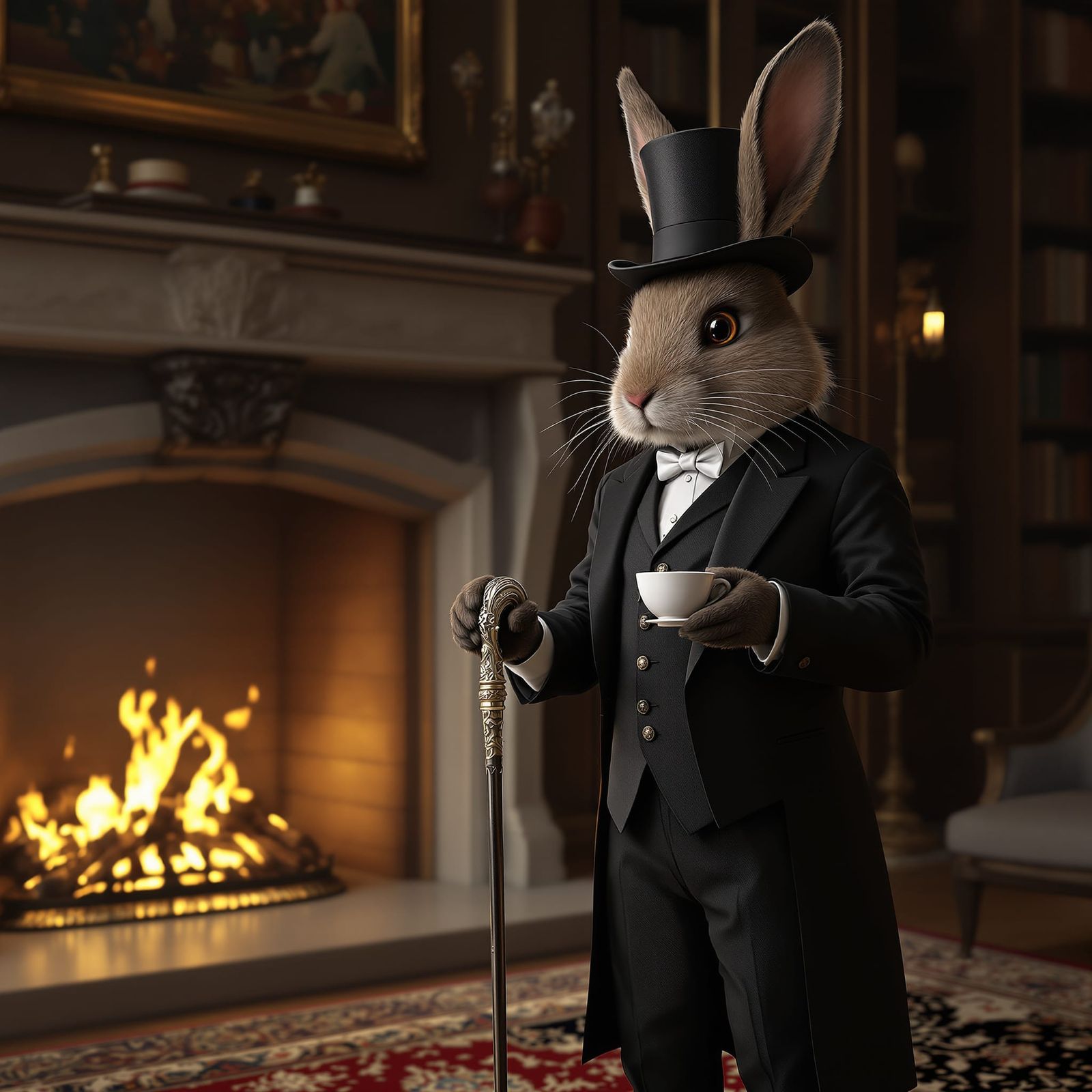 A hyper-realistic rabbit humanoid dressed in a finely tailor...