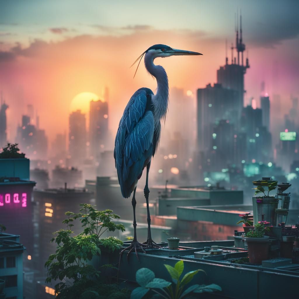 Heron in a cyberpunk skyline