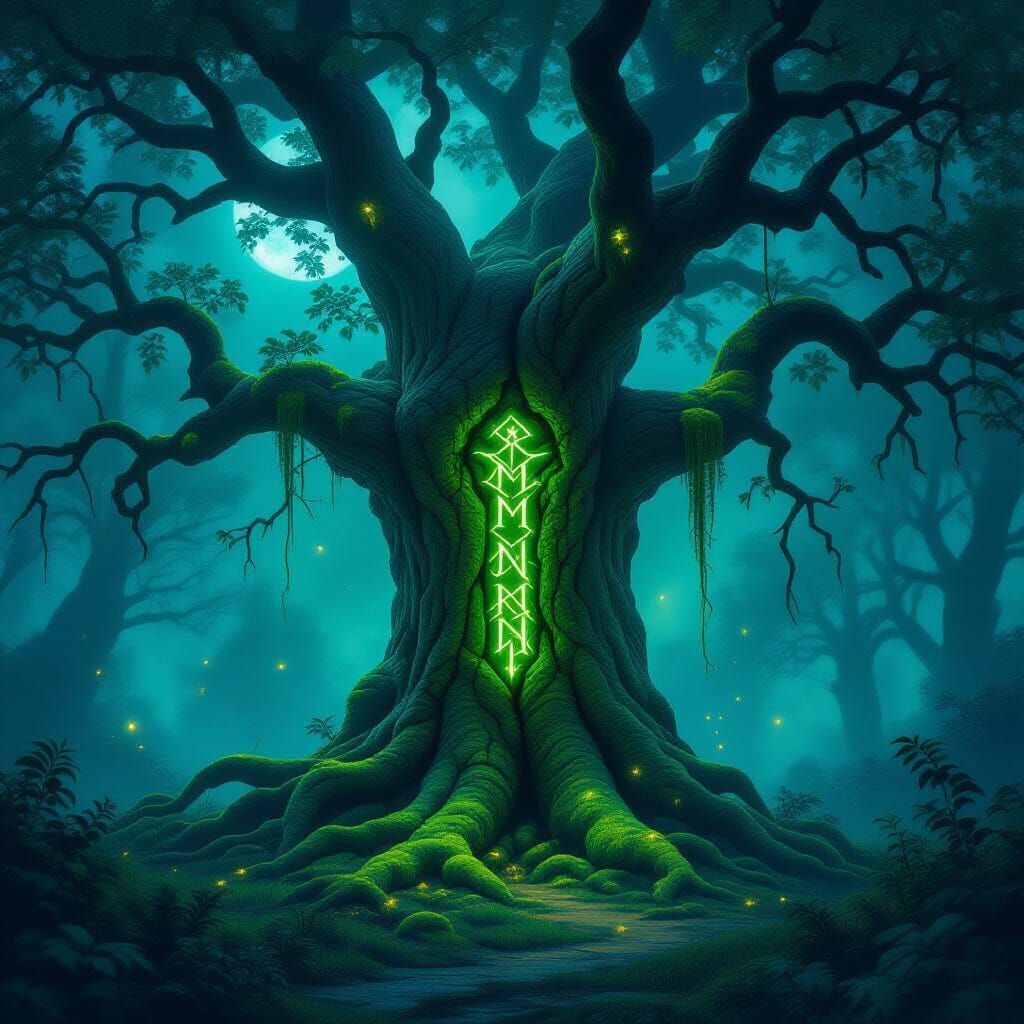 Majestic Ancient Tree in Mystical Moonlight Clearing