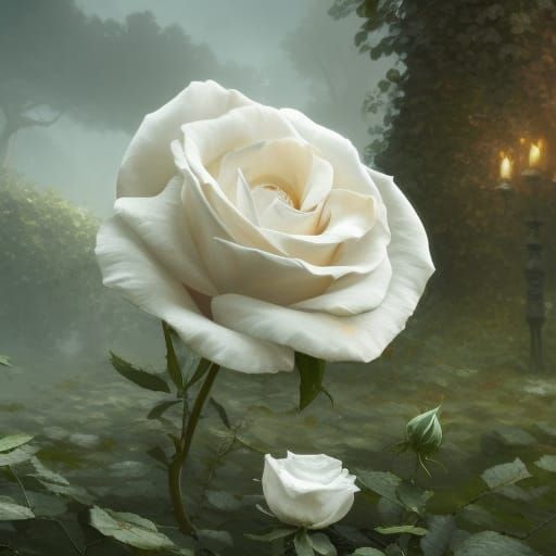 Hyperdetailed White Rose in Overgrown Garden
