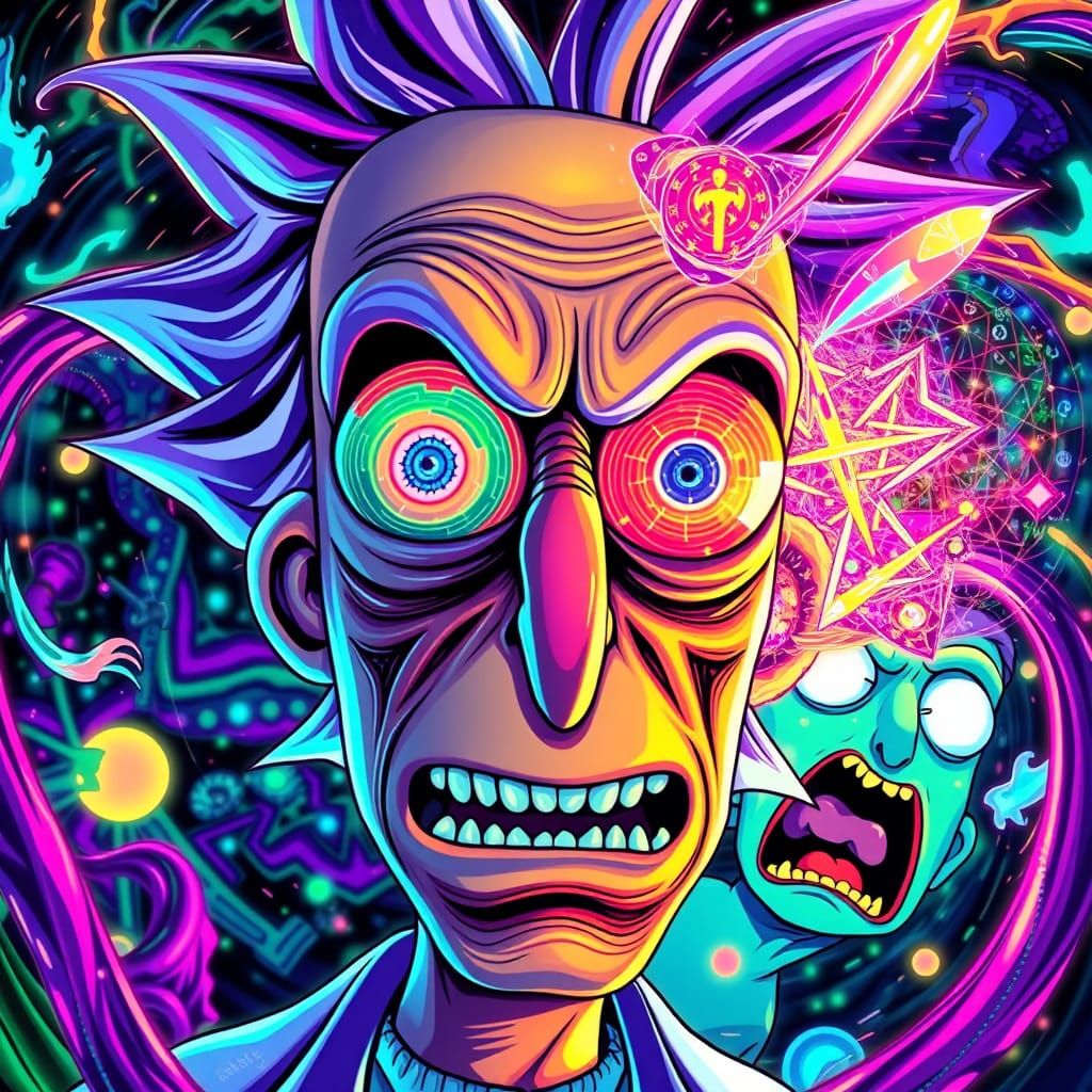 Surreal, Psychedelic Vision of Rick's Acid Trip, in Cyberpun...