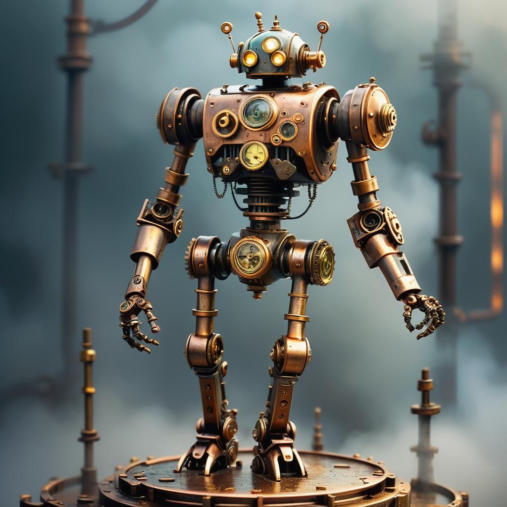 Steampunk Robot on Metallic Platform